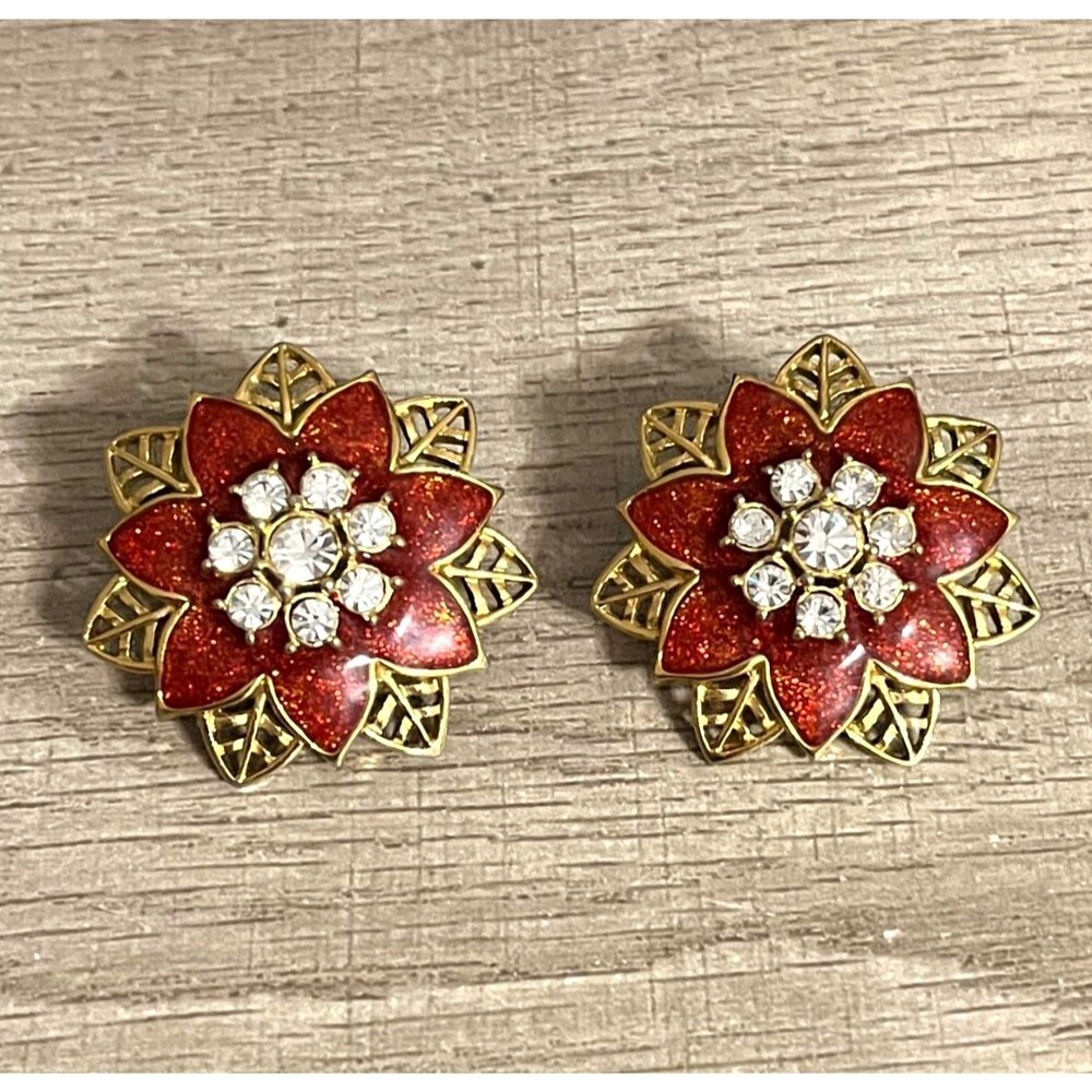VTG Avon Festive Sparkle Earrings Poinsettia Red Gold Tone Chunky Studs Pierced